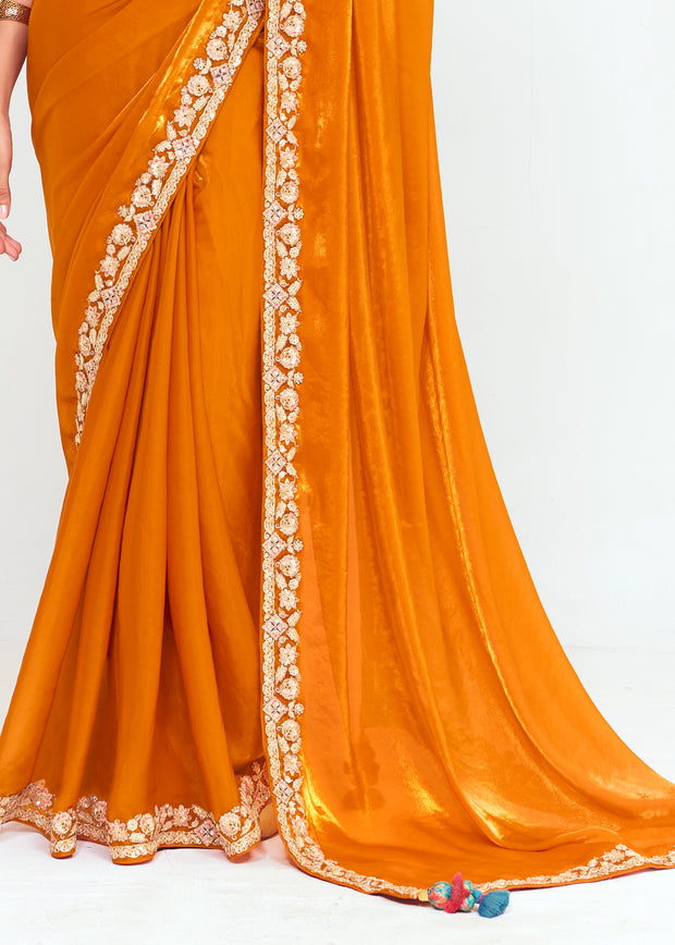 Peel Orange Designer Embroidered Tissue Saree