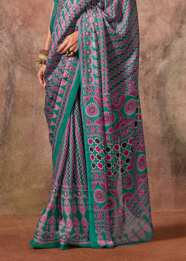 Alpine Green Printed Crepe Satin Silk Saree