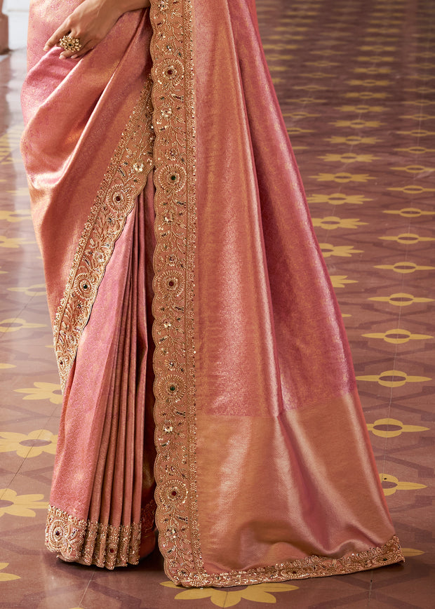Pastel Peach Bead Work Kanjivaram Soft Silk Saree