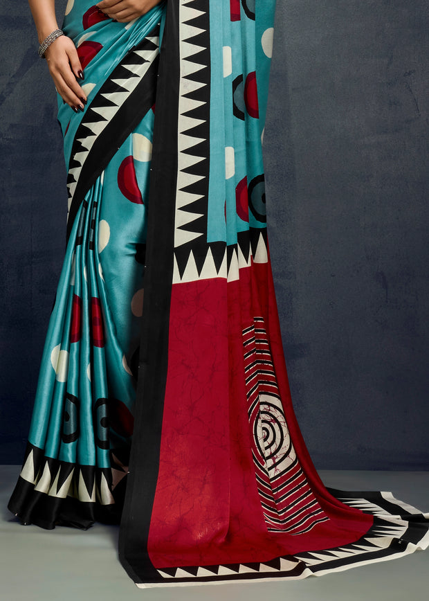 Sky Blue Printed Satin Silk Saree