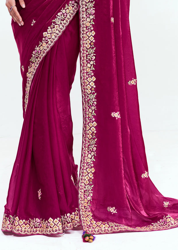 Beet Red Designer Embroidered Tissue Saree