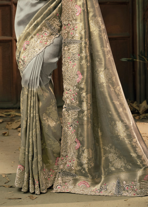 Rich Grey Designer Embroidered Silk Saree