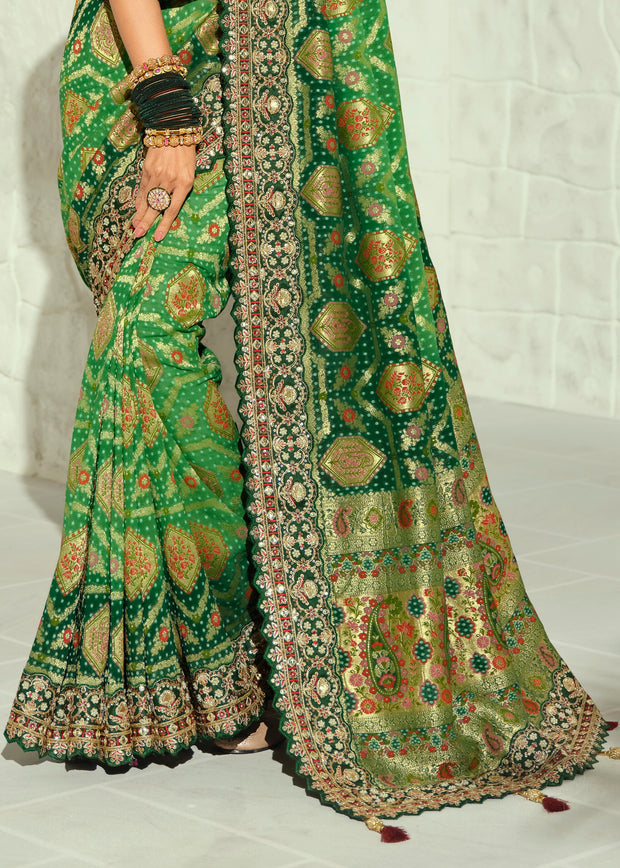 2-Shades Green Embroidered Georgette Bandhej Saree