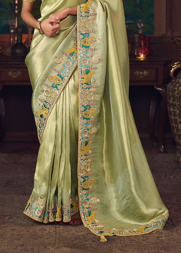 Pista Green Designer Embroidered Saree