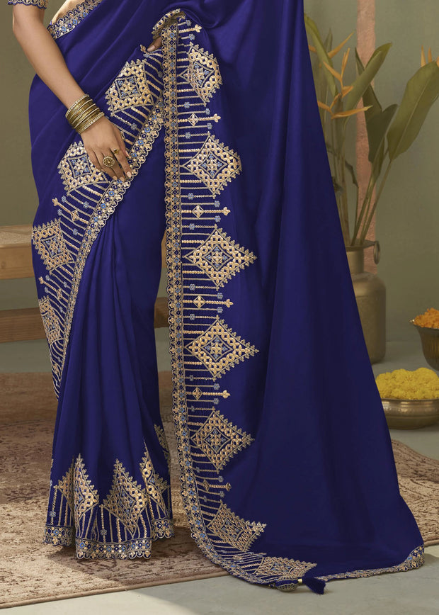 “Exclusive Offer” : Royal Blue Woven Embroidered Silk Saree