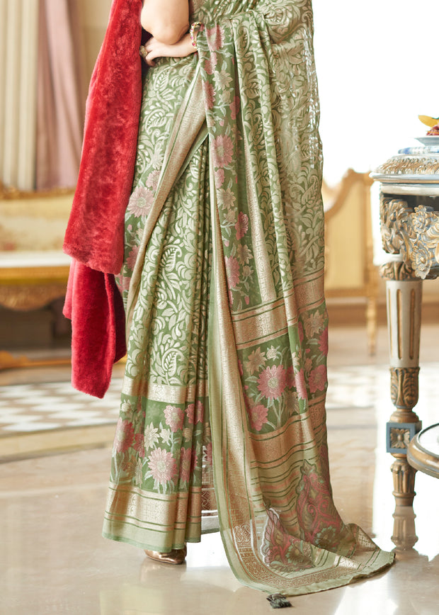 Mellow Green Printed Georgette Silk Saree