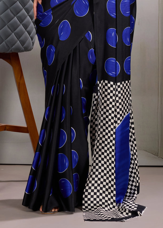 Blue Printed Satin Silk Saree