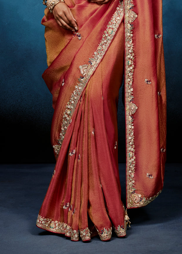 Rust Orange Embroidered Designer Tissue Saree