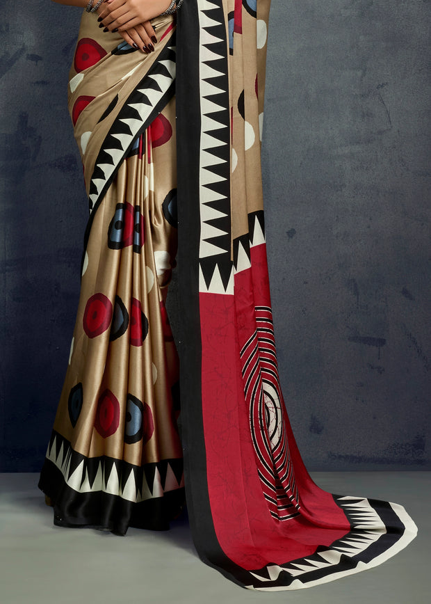 Safari Beige Printed Satin Silk Saree
