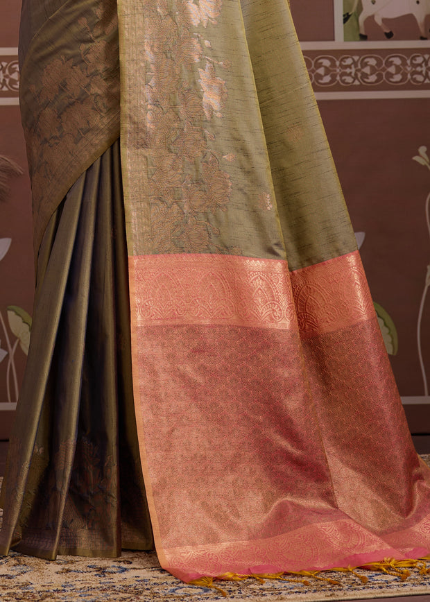 Olive Green Woven Tussar Silk Saree