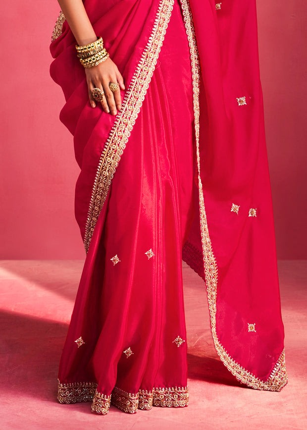 Fuchsia Pink Embroidered Soft Silk Saree With Contrast Blouse