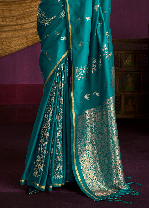 Teal Blue Banarasi Satin Silk Saree
