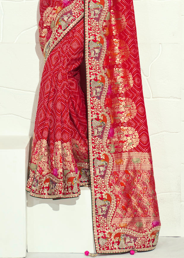Red Embroidered Georgette Bandhej Saree