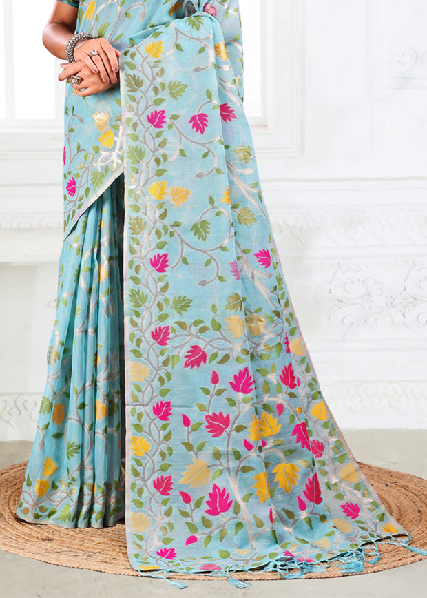 Aruba Blue Woven Linen Cotton Silk Saree