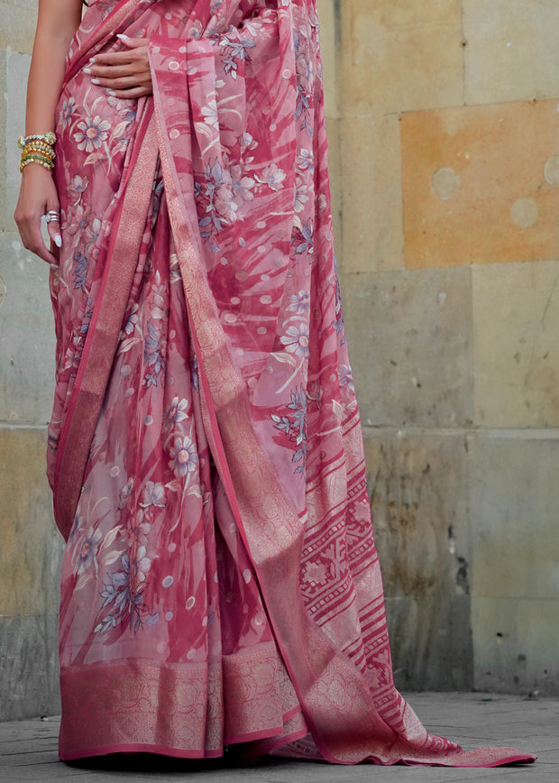 Petals Pink Printed Georgette Silk Saree