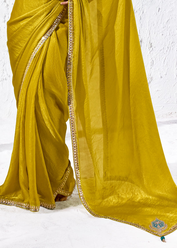 Mustard Yellow Designer Organza Silk Saree With Printed Blouse