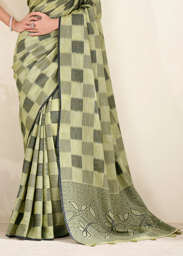 Pistachio Green Woven Linen Silk Saree