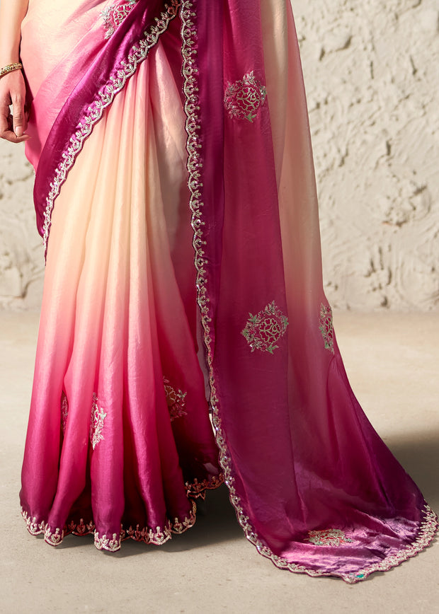 Off White & Pink Designer Organza Tissue Silk Saree With Printed Blouse