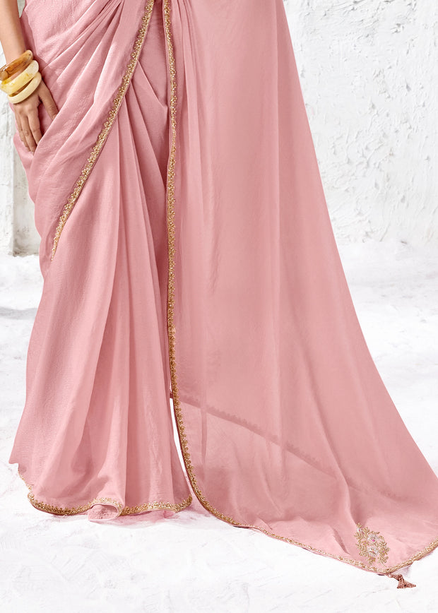 Dusty Pink Designer Organza Silk Saree With Printed Blouse