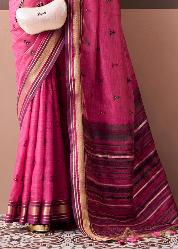 Fuchsia Pink Woven Cotton Silk Saree