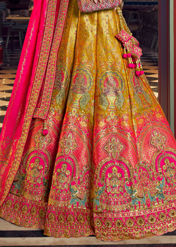 Yellow And Pink Heavy Banarasi Designer Lehenga