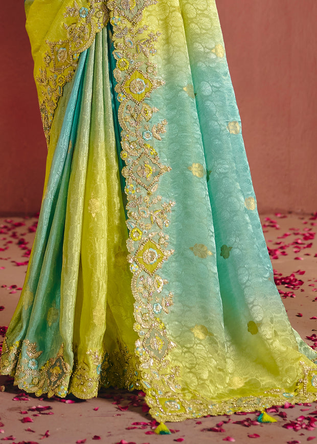 Blue Green Designer Embroidered Saree