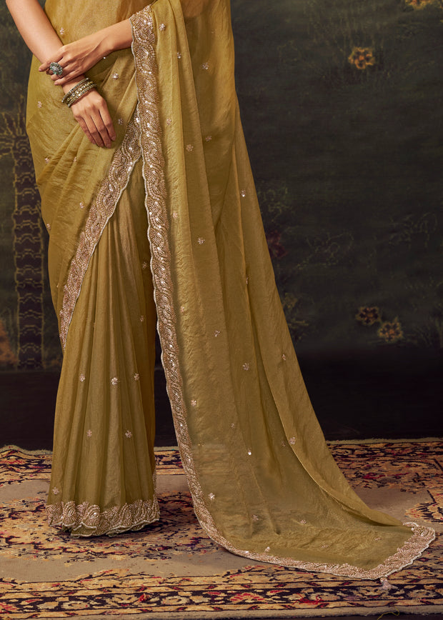Olive Golden Designer Tissue Silk Saree