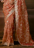Peachy Orange Embroidered Designer Organza Saree