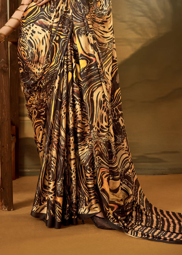 Black And Golden Printed Satin Silk Saree