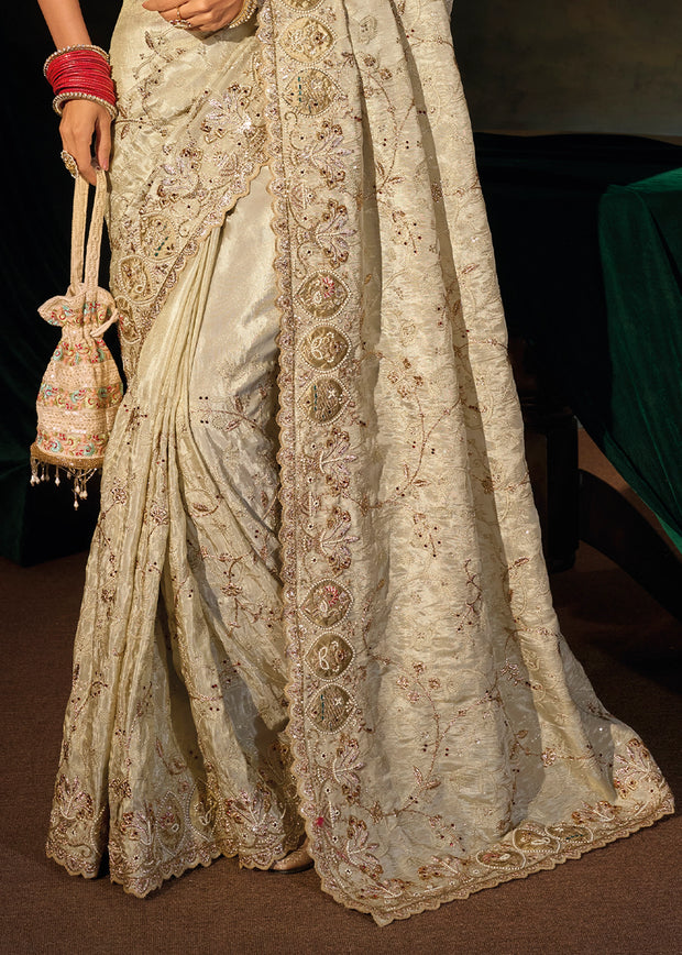 Creamy White Embroidered Kanjivaram Silk Saree