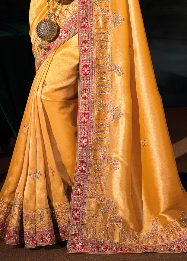 Mustard Yellow Embroidered Silk Saree