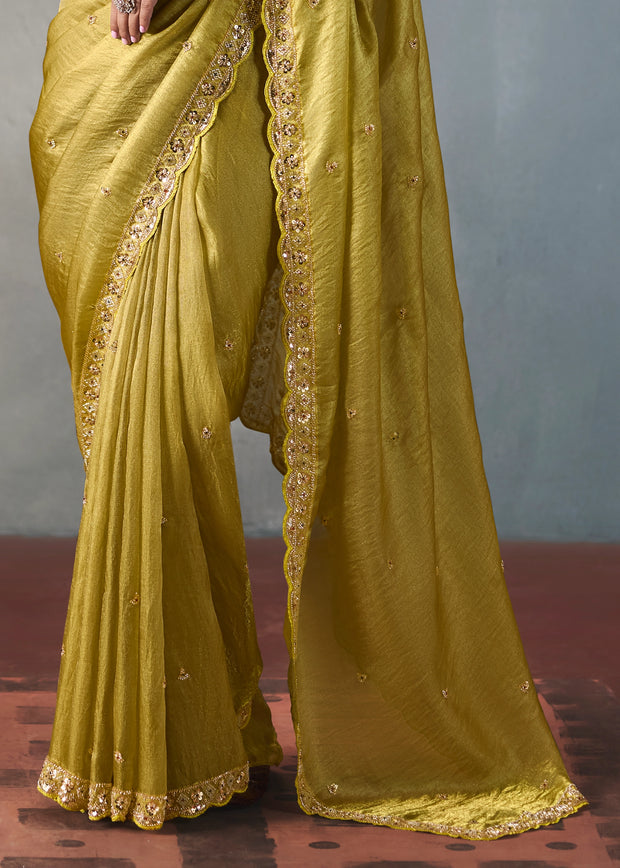 Olive Green Embroidered Silk Saree With Heavy Blouese
