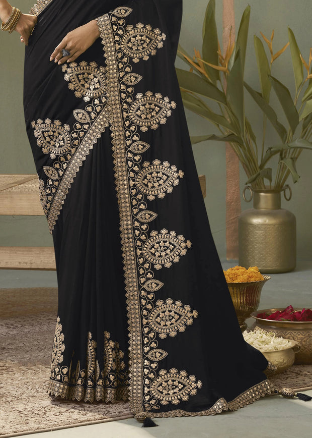 “Exclusive Offer” : Stunning Black Woven Embroidered Silk Saree