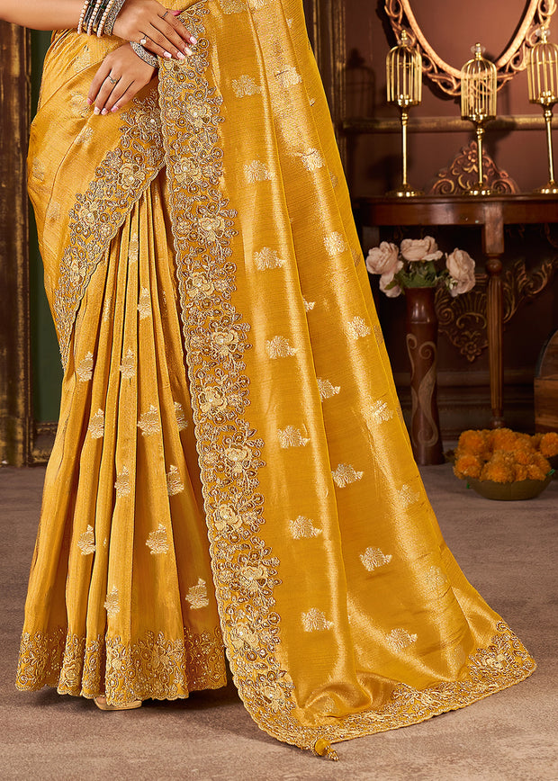 Golden Yellow Embroidered Tissue Designer Saree