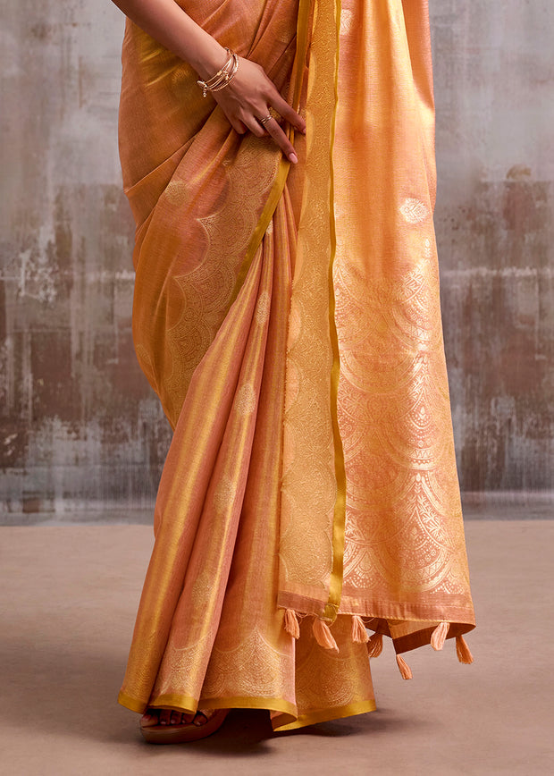 Peach Pink Woven Tissue Silk Saree