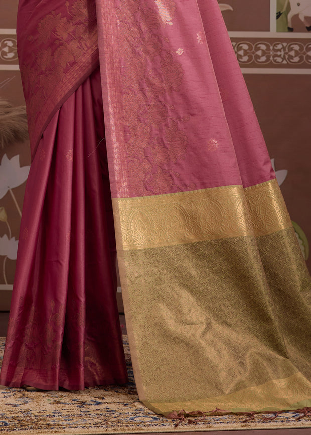 Carmine Pink Woven Tussar Silk Saree