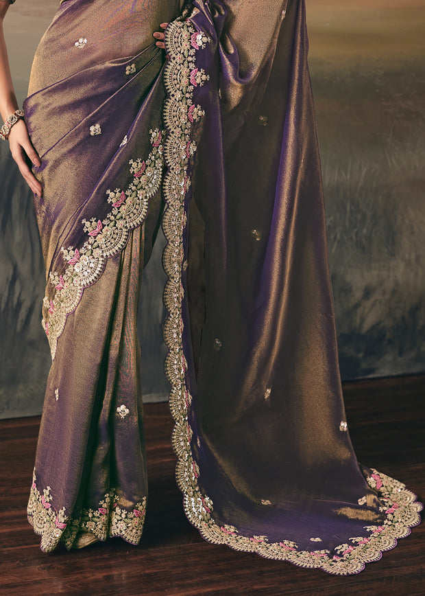 Golden Purple Tissue Embroidered Wedding Wear Saree