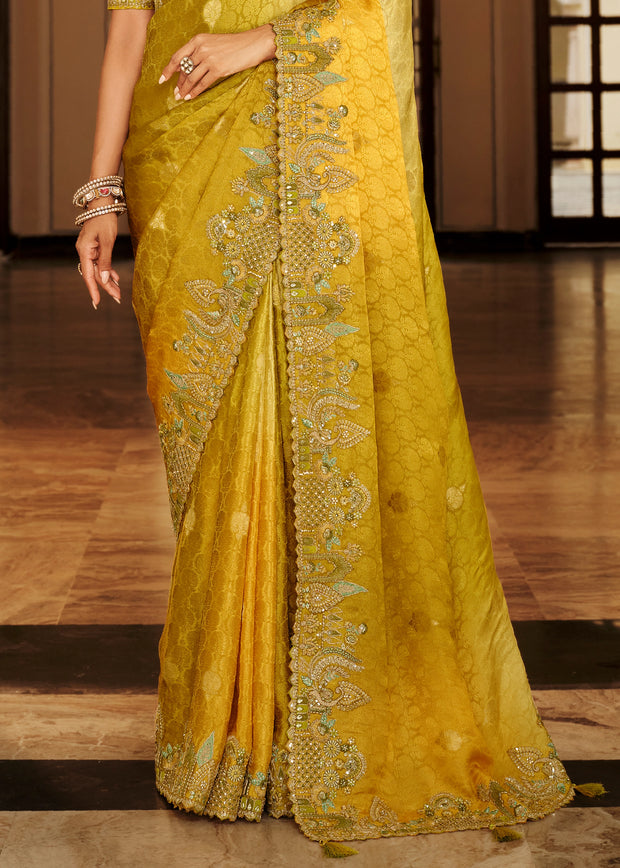 Shades Of Yellow Designer Embroidered Silk Saree