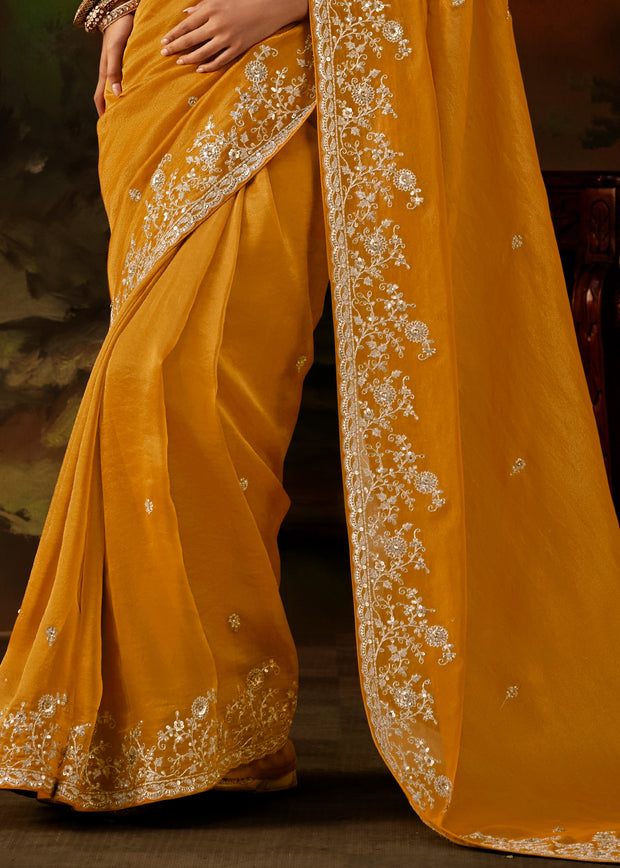 Mustard Yellow Embroidered Tissue Saree