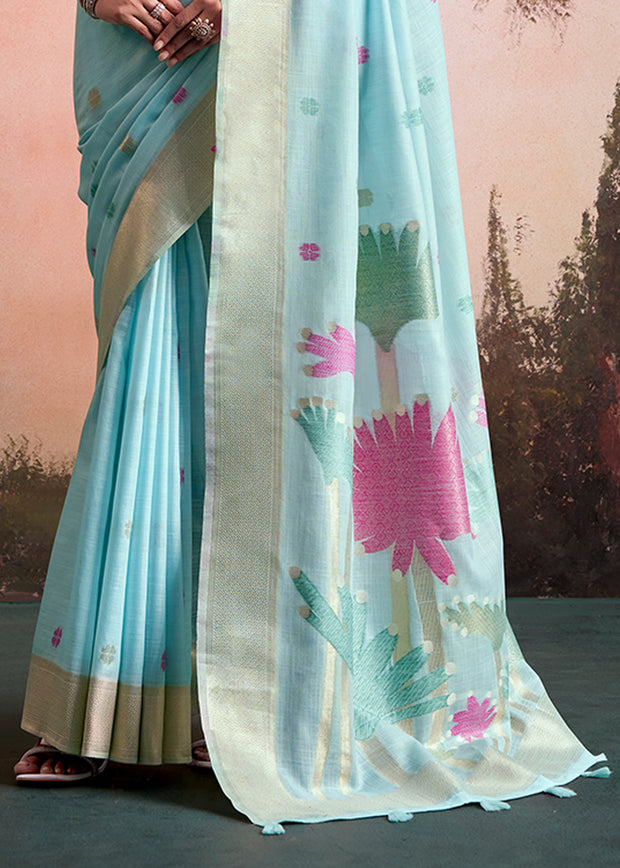Angel Blue Woven Linen Cotton Silk Saree