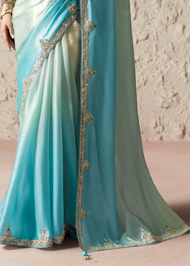 Aqua Blue Designer Organza Tissue Silk Saree With Printed Blouse