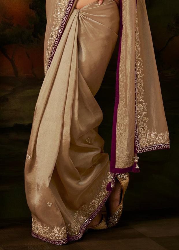 Champagne Beige Embroidered Tissue Saree