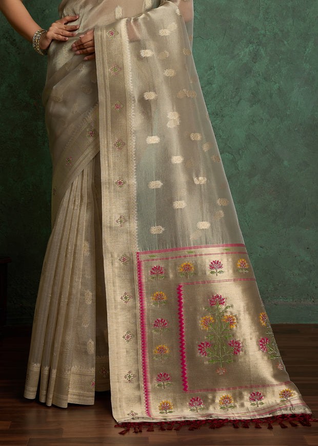 Silver Grey Woven Banarasi Tissue Saree With Meenakari Butas