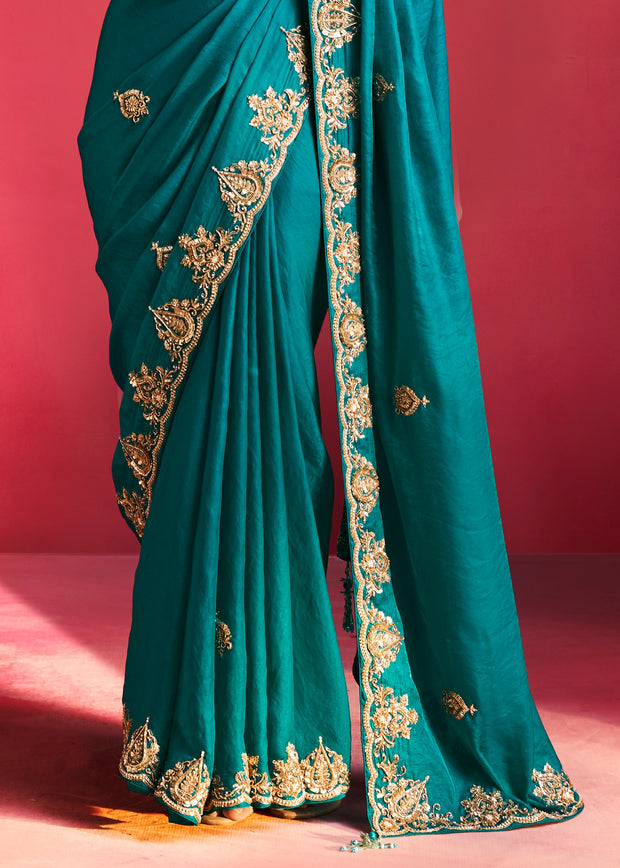 Peacock Blue Embroidered Soft Silk Saree With Contrast Blouse