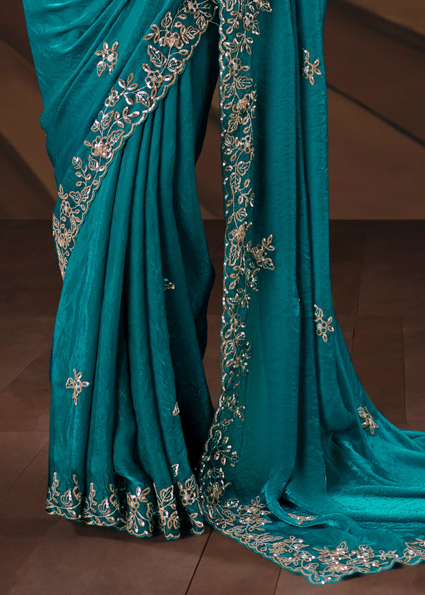 Peacock Blue Embroidered Designer Saree