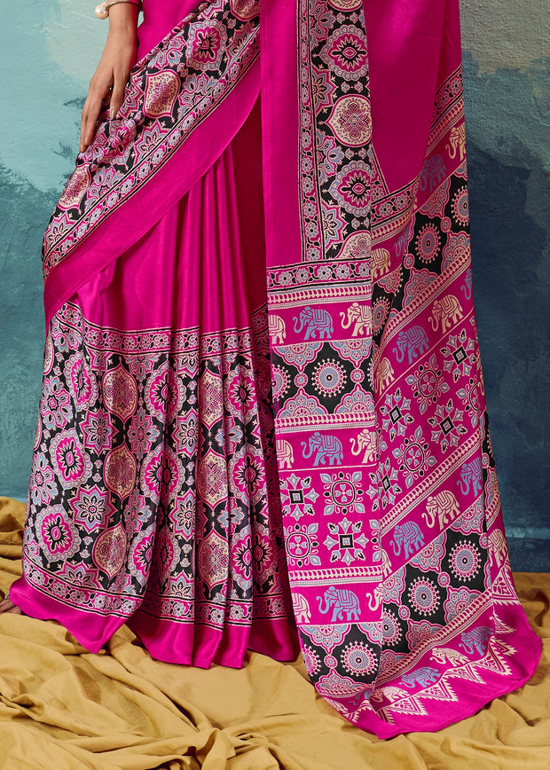 Princess Pink Printed Satin Silk Saree