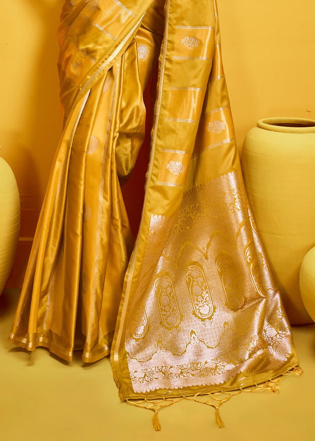 Golden Yellow Woven Banarasi Satin Silk Saree