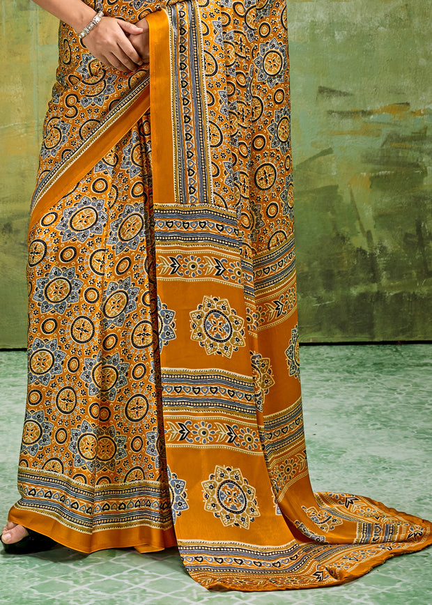 Haldi Yellow Printed Satin Silk Saree