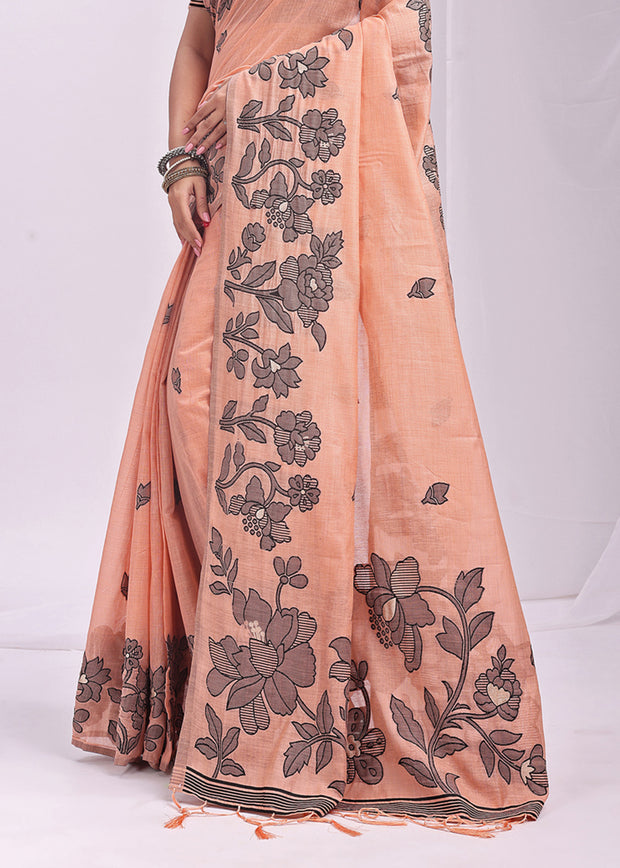 Salmon Peach Woven Cotton Linen Silk Saree