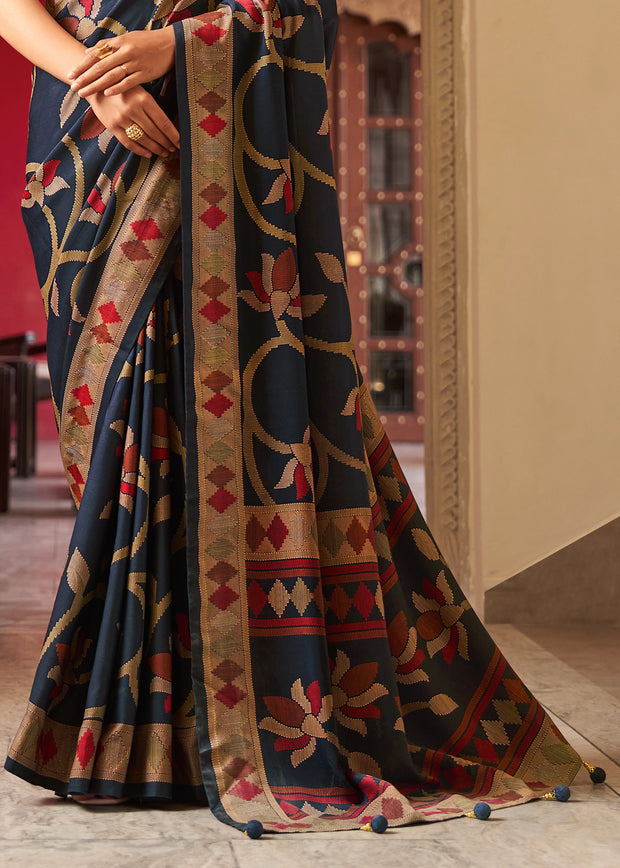 Deep Blue Floral Printed Soft Silk Saree